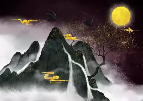 山水壁畫-圓月之夜插圖素材