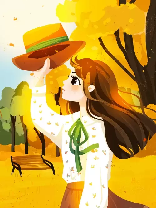 立秋-風中拿帽子的女孩插圖素材