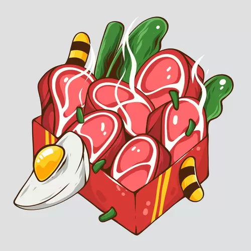 漫畫風食物-快餐-雞蛋-肉-蔬菜插圖