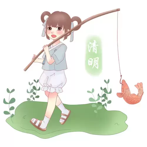 清明節-釣到魚的女童插圖素材
