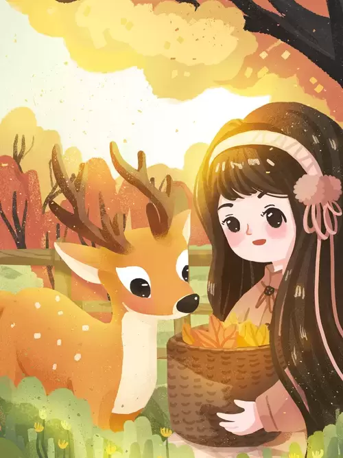 立秋-小女孩與梅花鹿插圖素材