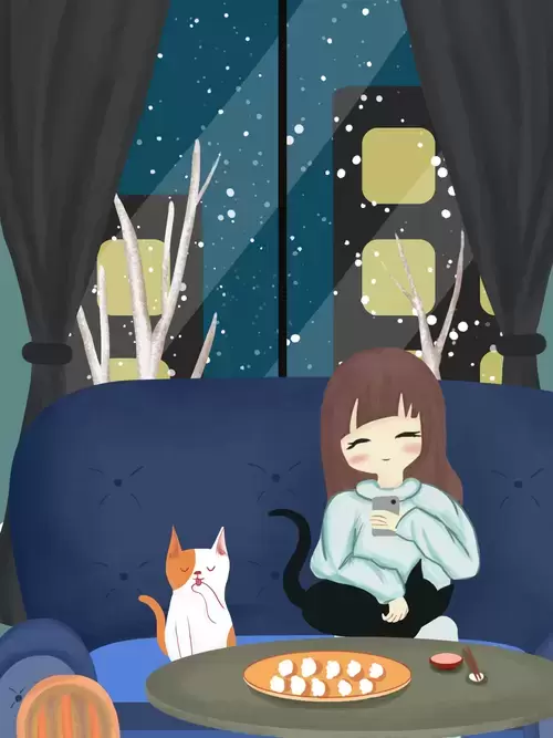 立冬-看手機的女孩與她的小饞貓插圖素材