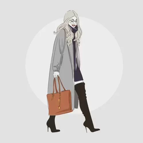 卡通頭像-穿灰色大衣的時尚女人插圖素材
