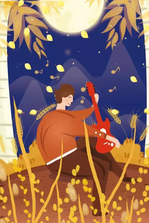 立秋-月下彈吉他的少年插圖素材