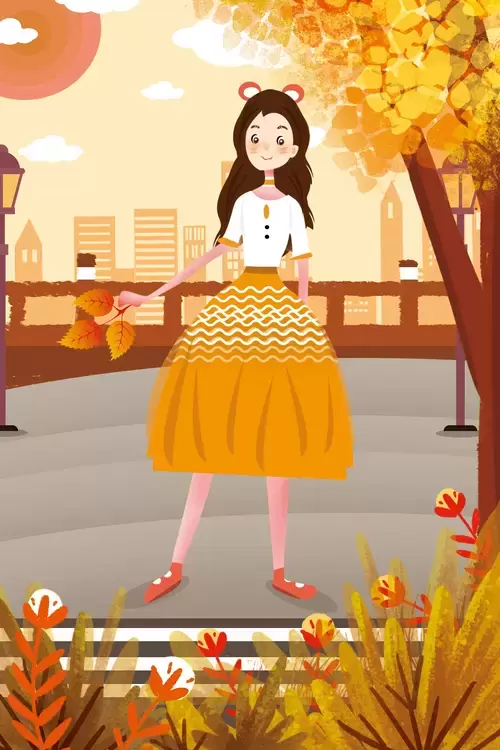 立秋-拿樹葉的可愛女孩插圖素材