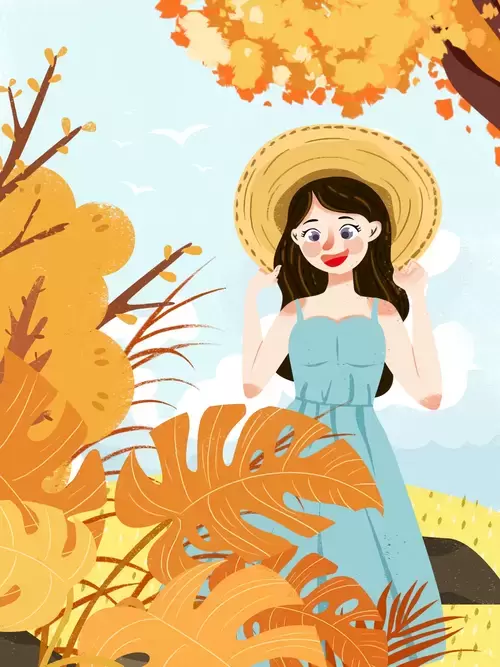 立秋-戴草帽的女人插圖素材