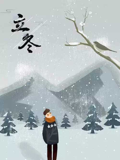 立冬-雪地裡的鳥-獨行男子插圖素材