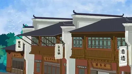 中國古建-古街邊雜貨店酒樓插圖素材