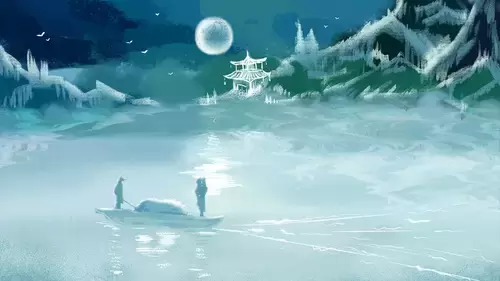 中國古建-月下湖舟插圖素材