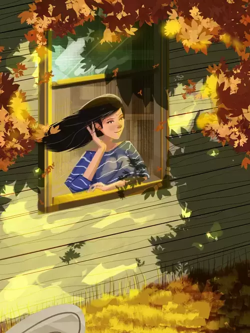 立秋-窗邊聽風的少女插圖素材