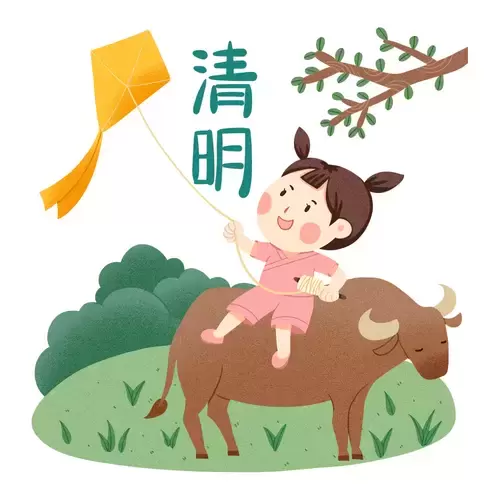 清明節-騎牛放風箏的女孩插圖素材