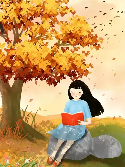 立秋-大樹下看書的女孩插圖素材